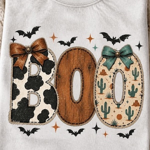 Boo Western Patchwork PNG, Cow Print Desert Halloween, Rustic Fabric Wordmark Design, Halloween Shirt PNG, Digital Download