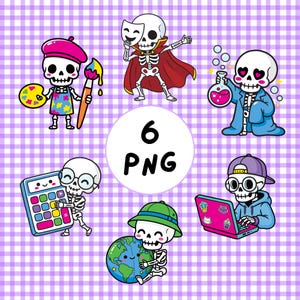Puede incluir: Un conjunto de ilustraciones digitales con seis esqueletos de dibujos animados sobre un fondo de cuadros vichy de color violeta claro. Los esqueletos aparecen como un artista con paleta, un actor con máscara y capa, un científico con matraz, un usuario de calculadora, un explorador con globo terráqueo y un estudiante con un portátil con pegatinas. El texto 6 PNG está centrado.