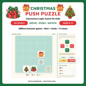 以下が含まれることがあります： クリスマス・プッシュ・パズル・ゲームのデジタルインターフェース。グリッド上にギフトやツリーなどのホリデーアイコンが配置されています。画面には「Christmas Push Puzzle」、「30 Levels」、矢印、元に戻す、ヒントボタンなどの移動コントロールが表示されています。