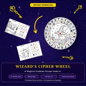 May include: A printable Wizard's Cipher Wheel game featuring a circular decoder with letters and icons, two activity sheets with cat illustrations, and gold key graphics on a dark blue starry background. Text includes "WIZARD'S CIPHER WHEEL" and "PDF 8.5 x 11".