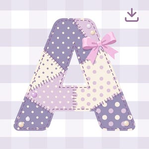 May include: A capital letter A designed with a patchwork pattern of light purple and cream polka dot fabric segments. The letter features visible stitched seams, small white pearl-like accents, and a light pink ribbon bow attached to the top right.