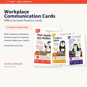 May include: A set of 30 double-sided workplace communication cards titled Office Survival Practice Cards. Each card features a penguin illustration, a laptop, and text describing professional scenarios, responses, and advice for office situations.