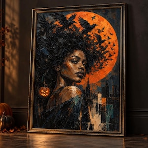 The Raven Queen Printable Wall Art, Black Woman Portrait, Gothic Halloween Decor