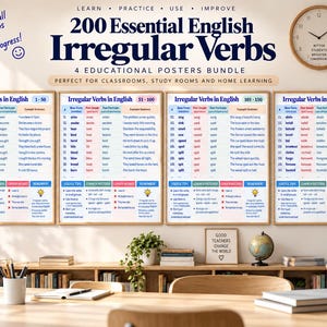 Puede incluir: Un conjunto de cuatro pósteres educativos titulados 200 Essential English Irregular Verbs, expuestos en una pared. Cada póster incluye una tabla con formas base, pasado simple, participio y frases de ejemplo para aprender gramática inglesa.