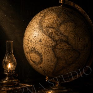 Puede incluir: Un globo terráqueo de estilo antiguo con un mapa envejecido en tonos sepia que muestra el texto "AMERICA NOVA ORBIS TABULA". Junto al globo hay una pequeña lámpara de aceite de cristal encendida sobre una pila de libros oscuros y desgastados.