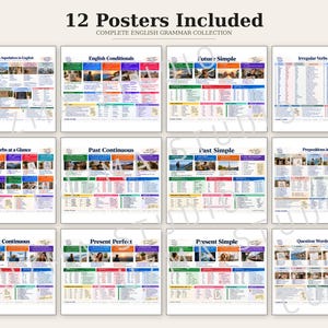 May include: A set of 12 educational posters titled 12 Posters Included Complete English Grammar Collection. Each poster features colourful headers, photographic imagery, and structured text detailing English grammar rules and verb tenses.