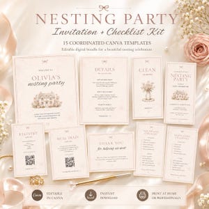 Peut inclure: Un ensemble numérique de 15 modèles Canva coordonnés pour un kit d'invitation et de liste de contrôle Nesting Party. Le lot comprend diverses cartes avec des fonds beige doux, des illustrations florales et du texte détaillant les informations.