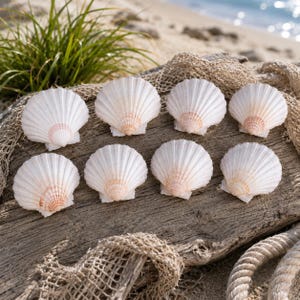 May include: Eight white scallop shells with ribbed textures and soft peach-colored hinges arranged in two rows on a weathered piece of driftwood. The shells feature a fan-shaped design with distinct radial ridges extending from the base to the edge.