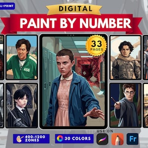 Puede incluir: Un conjunto de pintura por números digital con 33 páginas de ilustraciones de personajes. La imagen central muestra a una persona con chaqueta azul en un pasillo escolar. El texto incluye DIGITAL PAINT BY NUMBER, 33 PAGES, 400-1200 ZONES, 30 COLORS.