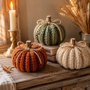 Op de afbeelding: Drie gehaakte pompoenen in de kleuren gebrand oranje, saliegroen en crème. Elke pompoen heeft een verticaal geribbelde textuur, een kleine houten steel en een gestrikte jute touwtje. De pompoenen staan op een houten ondergrond.