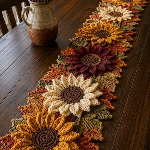 Haakpatroon voor een tafelloper met zonnebloemen (PDF) | Driedimensionale herfstbladeren en -bloemen | Herfstdecoratie in landelijke stijl | Geschikt voor beginners