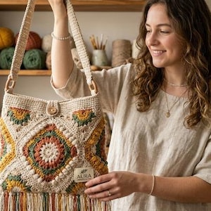 Boho Granny Square Tote - Crochet Pattern, Earthy Fringe Shoulder Bag DIY, Modern Everyday Carry-All Tutorial, PDF Instant Download