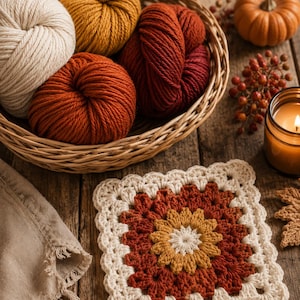 Puede incluir: Un cuadrado de ganchillo tipo granny square con un motivo floral central en hilo color crema, amarillo mostaza y naranja quemado. El cuadrado tiene un borde festoneado en color crema. Cerca hay cuatro ovillos de lana en una cesta de mimbre.