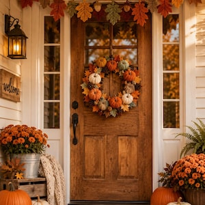 May include: A wooden front door decorated with a crochet autumn leaf garland, a wreath featuring crocheted pumpkins and pinecones, orange chrysanthemums in metal buckets, and assorted orange and white pumpkins on the porch floor.