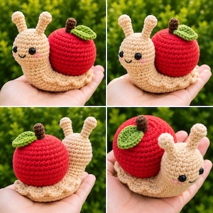 Könnte beinhalten: Ein gehäkeltes Schneckenspielzeug in Beige mit einem leuchtend roten Apfelgehäuse, einem kleinen braunen Stiel und einem grünen Blatt. Die Schnecke hat zwei Fühler, schwarze Perlenaugen und rosa gestickte Wangen aus strukturiertem Garn.