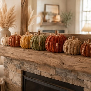 May include: A row of seven crocheted pumpkins in various colors including white, orange, yellow, green, rust, beige, and brown. Each pumpkin features a ribbed texture, a small wooden stem, and a decorative twine bow with small wooden beads attached.