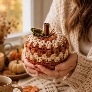 May include: A round, crocheted pumpkin decoration featuring a granny square pattern in alternating shades of cream, light brown, and dark orange. The top is accented with a single green crocheted leaf and a vertical brown cinnamon stick stem.
