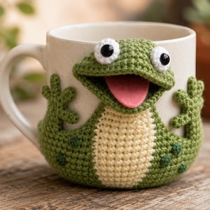 Può includere: Una tazza in ceramica con finitura bianco sporco maculata, decorata con un rivestimento all'uncinetto a forma di rana verde. La rana presenta un ventre color crema, macchie verde scuro, due occhi bianchi con pupille nere e una lingua in feltro rosa.