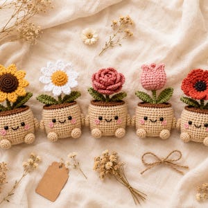 Virkat solrosmönster i PDF-format, amigurumi för blomkruka med emotionellt stöd, enkelt virkmönster för nybörjare, direktnedladdning, mors dag