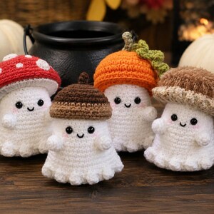 Popping Jr. Ghosts Crochet Pattern PDF, No Sew Garden Ghouls, Mushroom Acorn Pumpkin Cap Ghost Bundle, Instant Digital Download