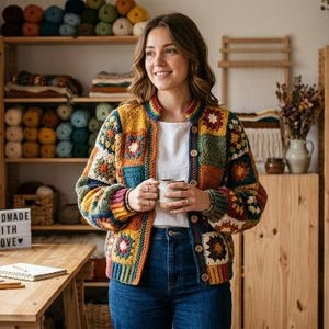 Heritage Bloom Grandma Square Cardigan - Virkmönster, Modern Patchwork Jacka Handledning, Boho Button-Up Tröja DIY, PDF Digital Nedladdning