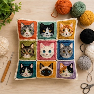 May include: A square crochet pillow featuring a grid of nine distinct cat faces in various colors, including tabby, calico, and solid patterns. Each cat is framed within a colorful square border. The pillow is surrounded by yarn balls, a crochet hook, and scissors.