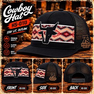 Black Aztec Longhorn Trucker Hat – Western Snapback | 7 Slot Smokers HS-010 | Graphic Cap