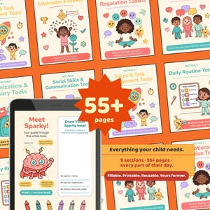 May include: A digital tablet displays a page titled Meet Sparky featuring a cartoon brain character in a cape. The background shows multiple pages of a children's activity book with illustrations of children, emotions, and tasks, labeled with 55+ pages.