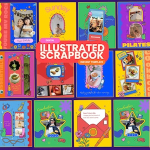 20 Y2K Scrapbook Templates + PNG Illustration Bundle | Editable Canva