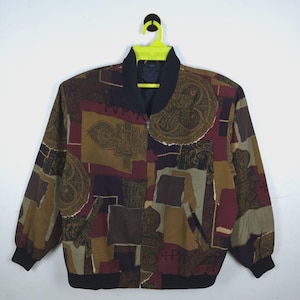Vintage windjack met abstracte print, maat Large, bruin, barok patchwork, ritssluiting, unisex, jaren 90 streetwear