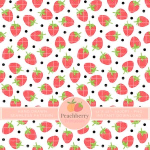 May include: A seamless digital pattern featuring red strawberries with green leaves and small black polka dots on a white background. A central peach-colored circular label displays the text Peachberry Printables and 12x12 300DPI PNG.