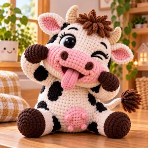 May include: A crochet cow plush toy with white fur, black spots, and a pink muzzle. The cow has brown hair, small horns, and a pink tongue sticking out. It features large black eyes with long eyelashes, dark brown hooves, and a tail with a brown tuft.