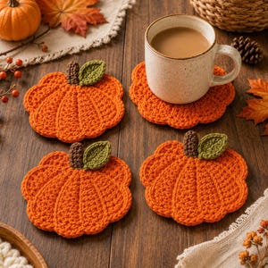 May include: Three orange crochet pumpkin coasters with brown stems and green leaves, alongside a speckled ceramic mug filled with a light brown beverage. The coasters feature a ribbed texture and rounded edges, arranged on a dark wooden surface.