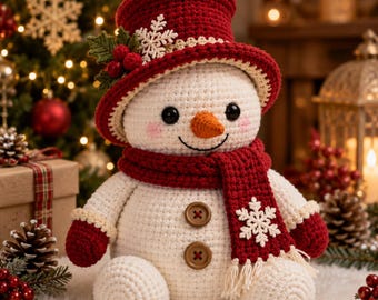 May include: A crocheted snowman doll featuring a white body, a red top hat adorned with holly and a white snowflake, a matching red scarf with a white snowflake accent, two brown buttons on the chest, and a small orange carrot-shaped nose.