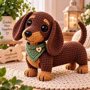 Op de afbeelding: Een gehaakte teckel knuffel in bruin en beige met grote zwarte plastic ogen, een zwarte neus en een saliegroene gehaakte bandana om de nek, versierd met een kleine houten knoop in de vorm van een hartje in het midden van de stof.