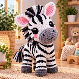 Puede incluir: Un peluche de cebra tejido a ganchillo con cuerpo blanco y rayas negras, hocico gris y grandes ojos negros. La cebra tiene el interior de las orejas y las mejillas de color rosa, una melena a rayas blancas y negras y una cola con borla multicolor.