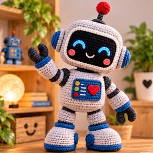 Könnte beinhalten: Ein gehäkeltes Roboter-Spielzeug mit hellgrauem Körper, blauen Akzenten und einem schwarzen Gesichtsbildschirm mit leuchtend blauen lächelnden Augen. Der Roboter hat eine rote Antenne, ein rotes Herz auf der Brust und drei kleine bunte Knöpfe.