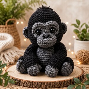 May include: A crocheted gorilla stuffed animal featuring a black body with a gray face, chest, and hands. The gorilla has large, round, dark eyes and a textured yarn surface. It is sitting in an upright position with its arms resting at its sides.