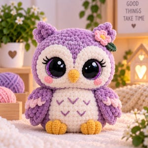 Può includere: Un peluche a forma di gufo realizzato all'uncinetto con corpo viola, viso e pancia bianchi, grandi occhi neri scintillanti con lunghe ciglia, becco giallo, piedi gialli e un piccolo accessorio a forma di fiore rosa con una foglia verde.