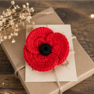 May include: A handcrafted crochet poppy flower brooch featuring vibrant red yarn petals and a solid black yarn centre. The circular floral accessory is constructed with visible yarn stitches, creating a textured, layered appearance for the petals.