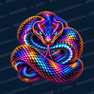 May include: A coiled snake illustration featuring iridescent scales in vibrant shades of blue, purple, and gold. The snake has piercing light blue eyes and a forked pink tongue extending from its mouth, set against a dark background.