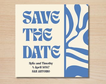 Annuncio di matrimonio retrò blu / Modello modificabile Canva / Annuncio di matrimonio moderno e groovy / Download immediato