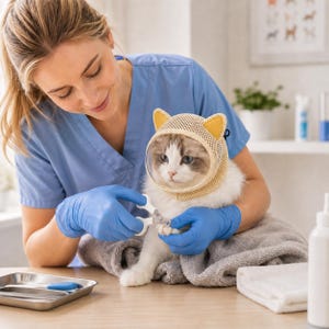 May include: A white and brown cat wearing a beige mesh muzzle with yellow cat ears and a clear plastic front panel. The cat is being groomed with small white nail clippers. The muzzle is designed to cover the head while allowing visibility.