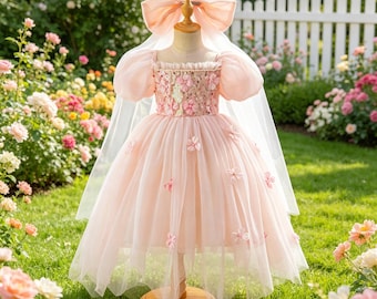 Pink Floral Tulle Princess Dress for Girls, Puff Sleeve Sparkly Gown with Large Bow Veil,Flower Girl Birthday Fairy Dress Wedding Party Gift