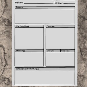 May include: A light gray research summary template printed on paper with black text and lines. The form includes fields for Article title, Page, Date, Authors, Publisher, Summary, Main hypothesis, Discussion, Methodology, Strengths, Weaknesses, and Conclusions.