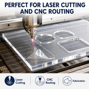 May include: A clear acrylic sheet being processed by a laser cutter with a red beam. The text reads: PERFECT FOR LASER CUTTING AND CNC ROUTING. Below are three circular icons labeled Laser Cutting, CNC Routing, and Fabrication with corresponding graphics.