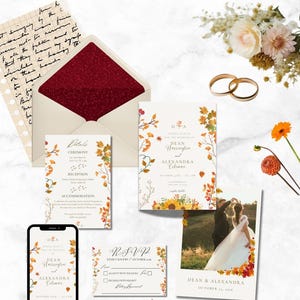 Fall Wedding Invitation Suite Template, Editable Romantic Autumn Stationery, Canva Wedding Invite Digital Download