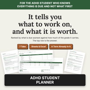 May include: An ADHD student planner digital tool featuring text that reads: FOR THE ADHD STUDENT WHO KNOWS EVERYTHING IS DUE AND NOT WHAT FIRST. It tells you what to work on, and what it is worth. Ranked by what is due soonest against how much of the grade it carries. The top row is the answer. Includes 7 Tabs, Sheets & Excel, and A Term Already In It buttons with spreadsheet previews.