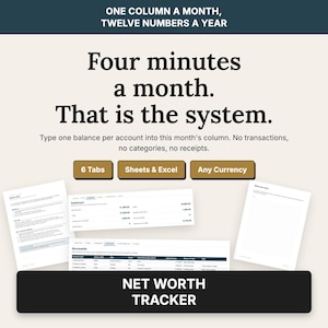 May include: A digital net worth tracker system featuring text that reads: One column a month, twelve numbers a year. Four minutes a month. That is the system. Type one balance per account into this month's column. No transactions, no categories, no receipts.