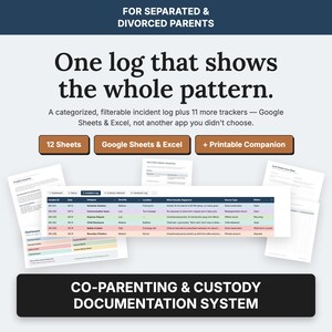 Co-Parenting and Custody Documentation System | Google Sheets & Excel Custody Tracker, Incident Log, Court-Ready Report